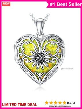 Sterling Silver Sunflower Heart Locket Necklace Holds Picture 20" Chain